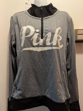 PINK Grey Half-Zip Long Sleeve Logo  Pullover With Zip Pockets Poly